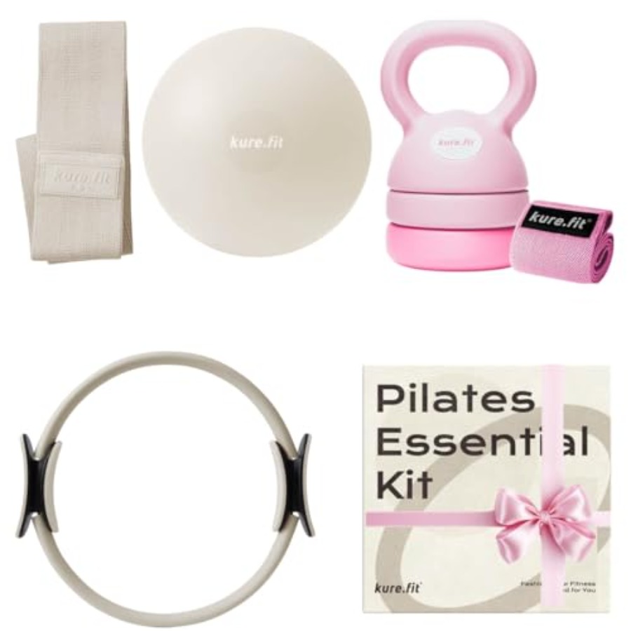 Kettlebell - ชุดอุปกรณ์พิลาทิสสีชมพู พร้อมดัมเบลปรับน้ำหนักได้ 5 ปอนด์ ถึง 12
