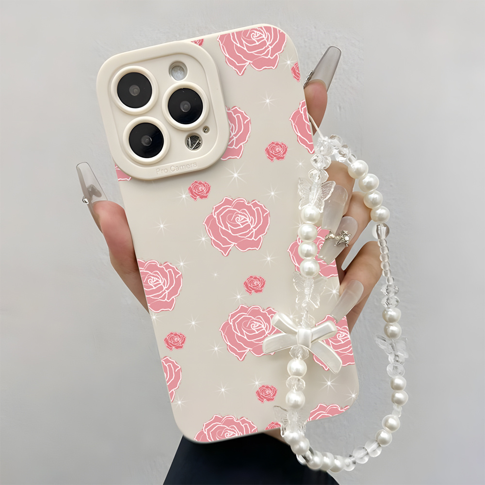 Wrist Wraps - เคสโทรศัพท์พร้อมสายคล้องข้อมือ Pink Rose INS สำหรับ iPhone