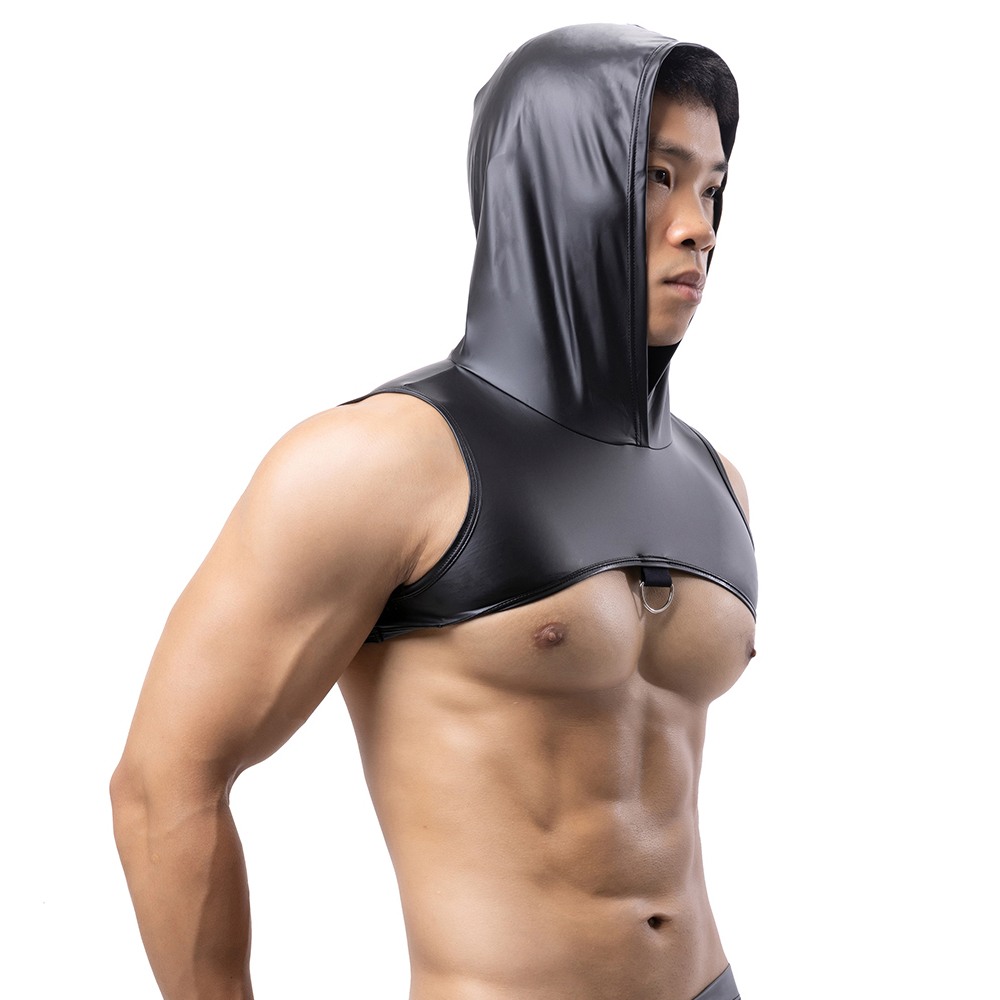 Gymnastic Ring - ผู้ชายหนัง Faux Hooded Fitness Tank Tops